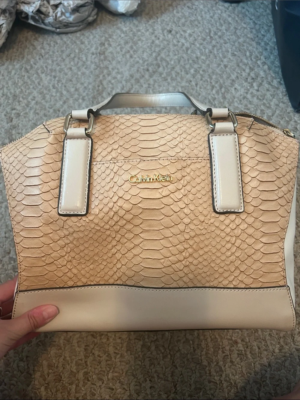 Calvin Klein Beige Snake-Embossed Satchel with Tan Pouch